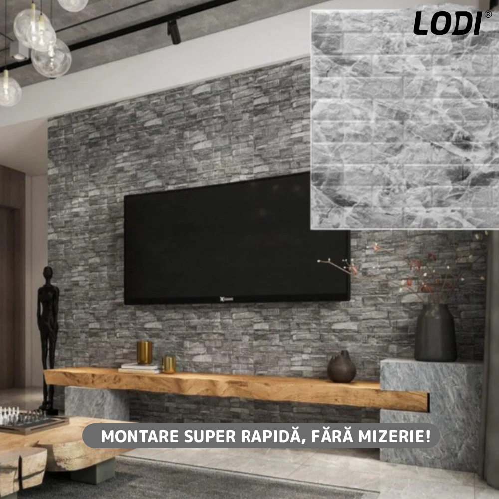 Set Tapet Caramida 3D Lodi78, Model Piatra Naturala, suprafata acoperire 5.3 mp, autoadeziv, waterproof, usor de montat, design modern, 70x77 cm, gri