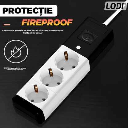 Prelungitor Lodi1280, 3 prize, intrerupator, suport de agatare incorporat, rezistent la temperaturi inalte, universal, lungime 3 metri, negru/alb
