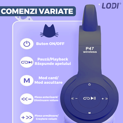 Casti Wireless Model Pisica Lodi954, P47M, overear, urechi de pisica cu iluminare RGB, bluetooth 5.0, handsfree, HiFi, bass stereo, albastru inchis