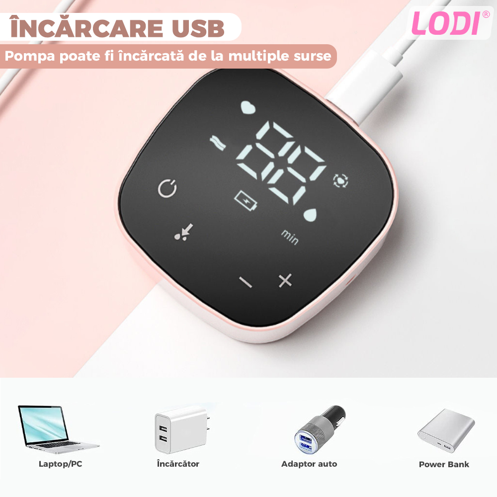 Pompa de San Electrica Dubla Lodi35, 3 functii, 9 niveluri de intensitate, 2 biberoane, masaj, stimulare, suctiune, afisaj digital, touch screen, capacitate 300ml, roz