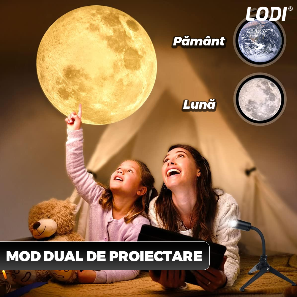 Mini Proiector Lodi1452, proiecție Luna/Pamant, trepied stabil si ajustabil, rotire 360 de grade, lentila HD, luminozitate ridicata, conectivitate USB, negru