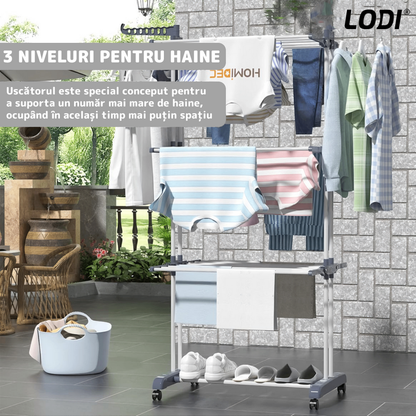 Uscator Vertical pentru Rufe si Haine Lodi1512, 3 niveluri, mobil, pliabil, pentru spatii mici, suport umerase, cadru rezistent, inaltime 175cm, gri