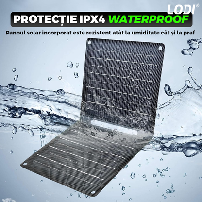 Radio Portabil cu Incarcare Solara Lodi1419, lanterna incorporata, panou solar rezistent, protectie waterproof Ipx5, 3 porturi de incarcare, conectivitate Bluetooth, speaker, 32 x 11 cm, negru