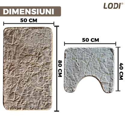 Set 2 Covorase de Baie Lodi449, anti-derapante, material moale, design modern, finisaj auriu, Model 19, 80x50 & 50x40cm, maro inchis