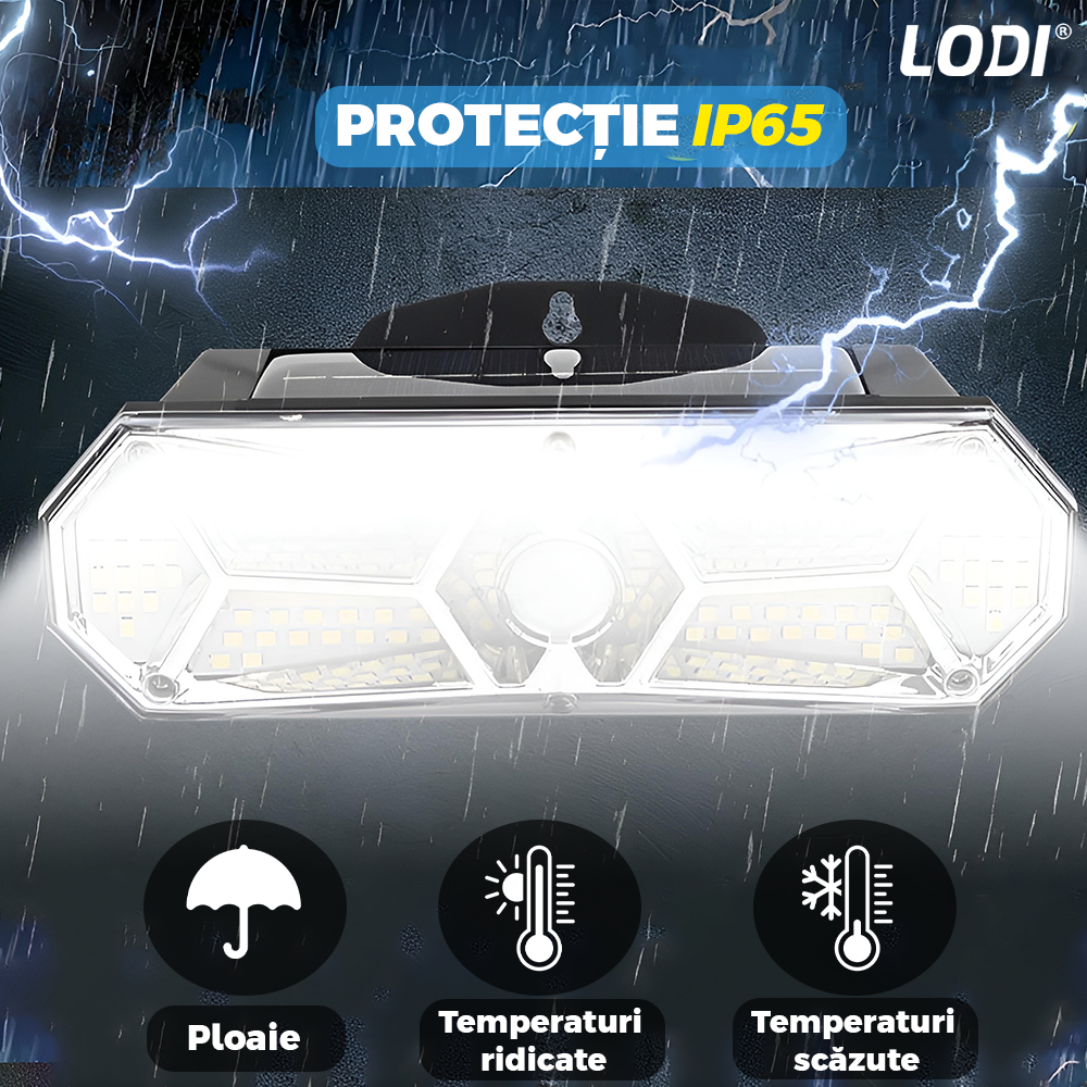Lampa Solara 120 LED-uri Lodi887, senzor de miscare, 3 moduri de iluminare, protectie IP65, Waterproof, exterior, negru