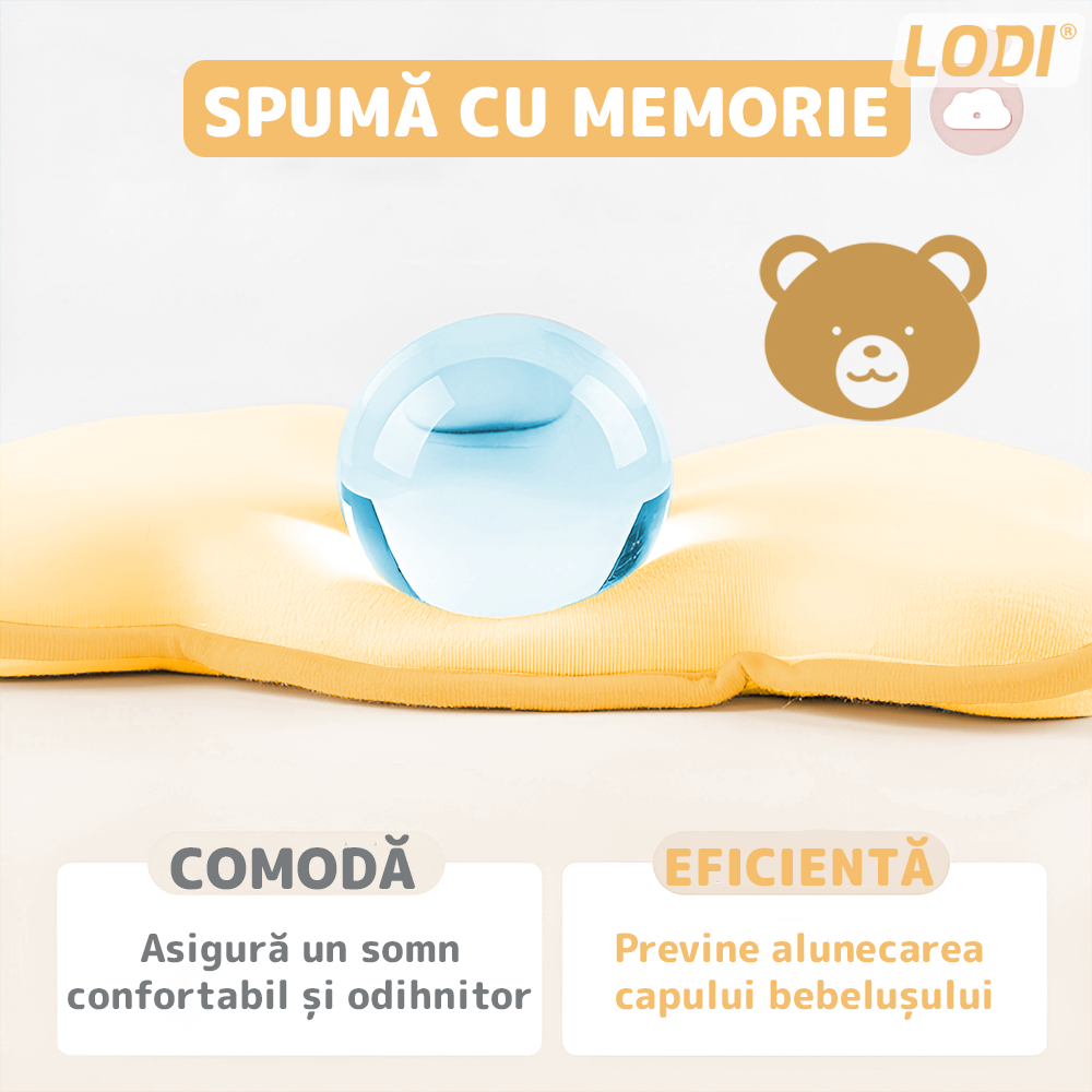 Perna pentru Bebelusi Lodi1201, model ursulet, husa de protectie inclusa, spuma cu memorie, anti-plagiocefalie, pentru formarea capului, 26x22 cm, galben