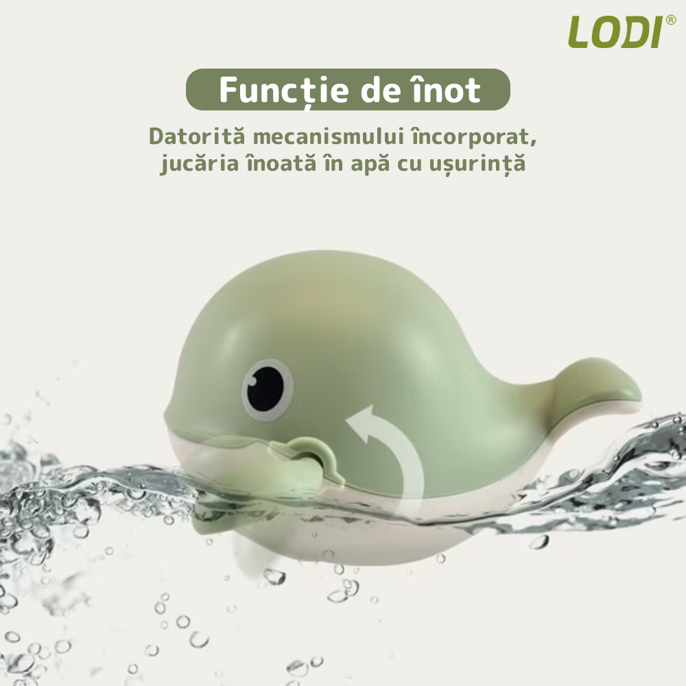 Jucarie de Baie pentru Copii Lodi32, Balena Inotatoare, interactiva, fara baterii, mecanism cu cheita, 10.7x13.2cm, verde