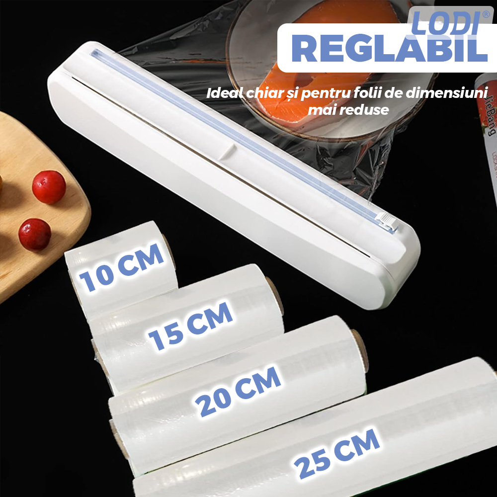 Dispenser de Bucatarie Lodi1417, pentru folie alimentara/ folie de aluminiu/ hartie de copt, rezistent, montare usoara cu ventuze, compatibil cu diverse dimensiuni de role, alb