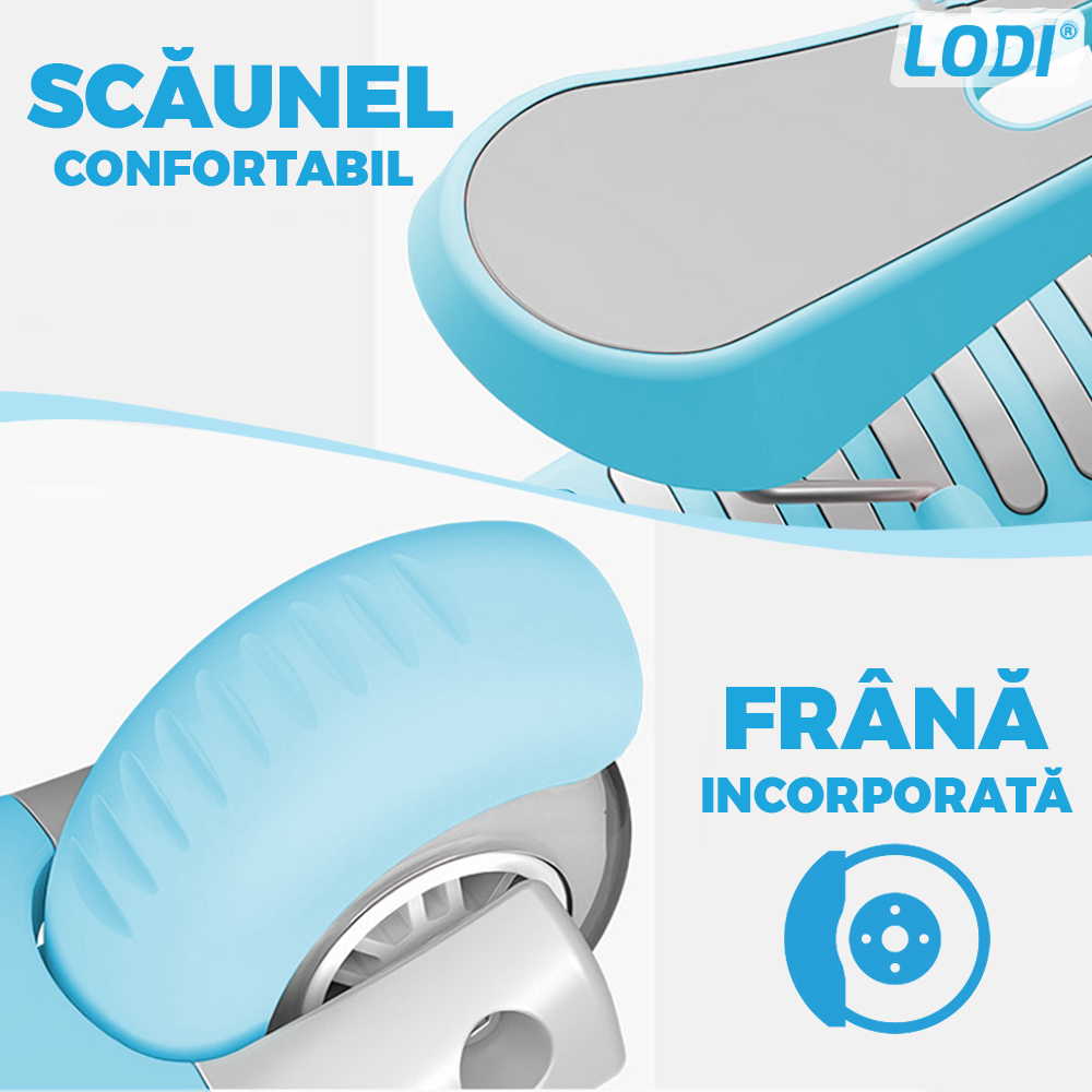 Trotineta pentru Copii 2 in 1 Lodi1112, scaunel incorporat, lumini,3 roti, cosulet frontal, anti-aluncare, inaltime ajustabila, stabila, frana, incorporata, 3-11 ani, albastru