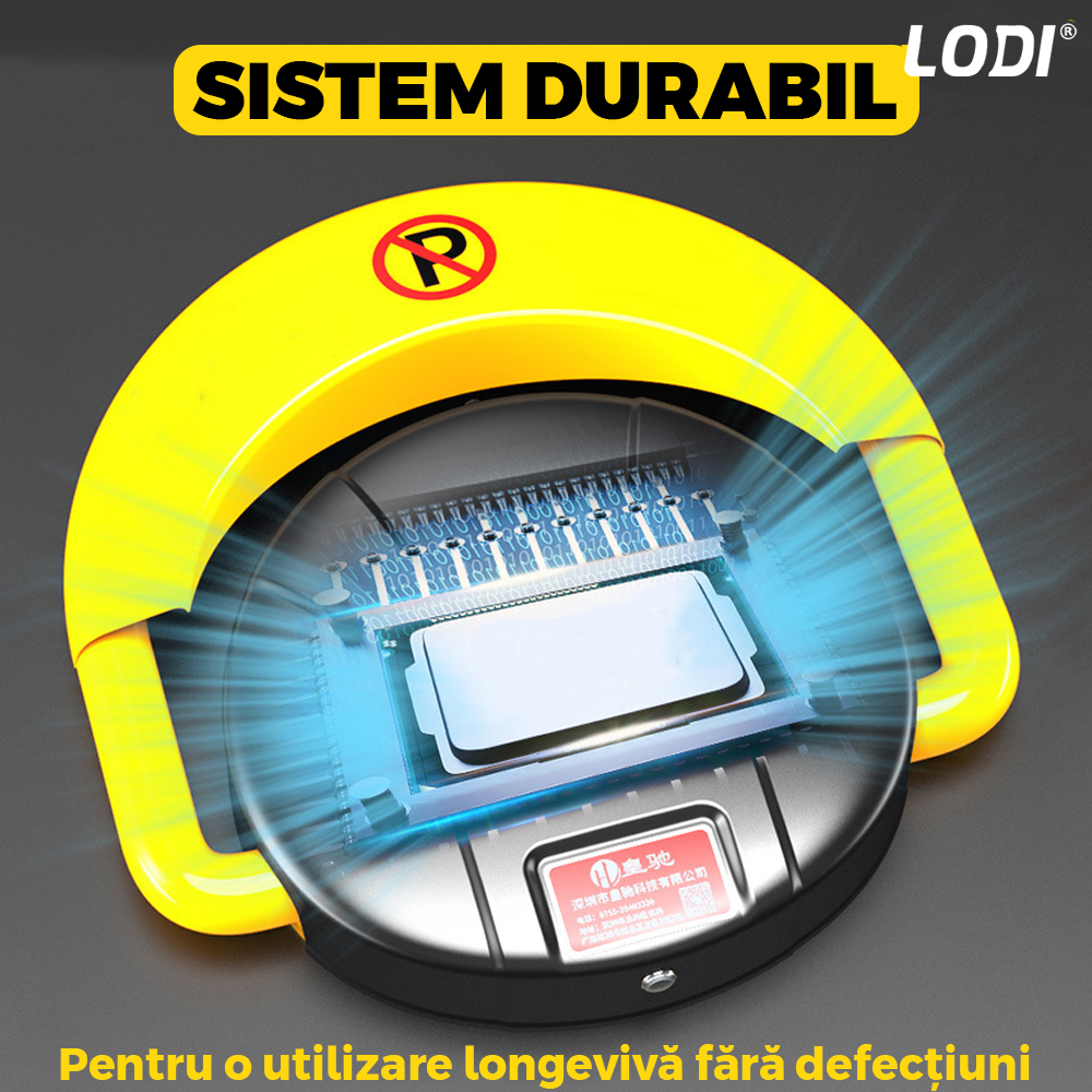 Blocator Parcare Automat Lodi674, pentru loc parcare si alee, cu telecomanda si alarma, greutate suportata 2 tone, material rezistent, anti-rugina, alimentare pe baterii, negru/galben