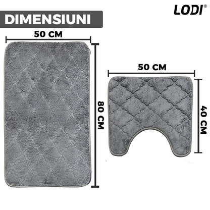 Set 2 Covorase de Baie Lodi1015, anti-derapante, material moale, design modern, model floral, 80x50 & 50x40cm, gri