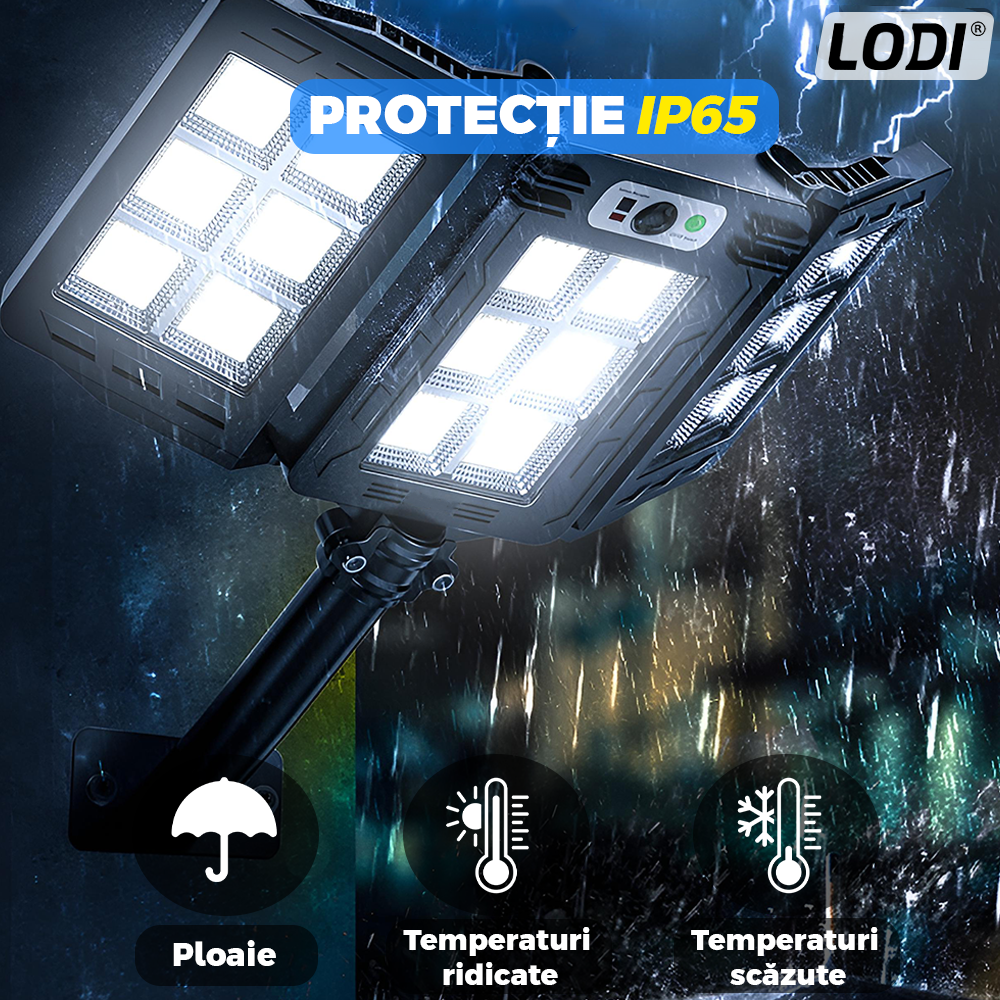 Lampa Solara Stradala 400 LED-uri Lodi872, 3 capete, control prin telecomanda, senzor de miscare, 3 moduri de iluminare, protectie IP65, Waterproof, exterior, negru