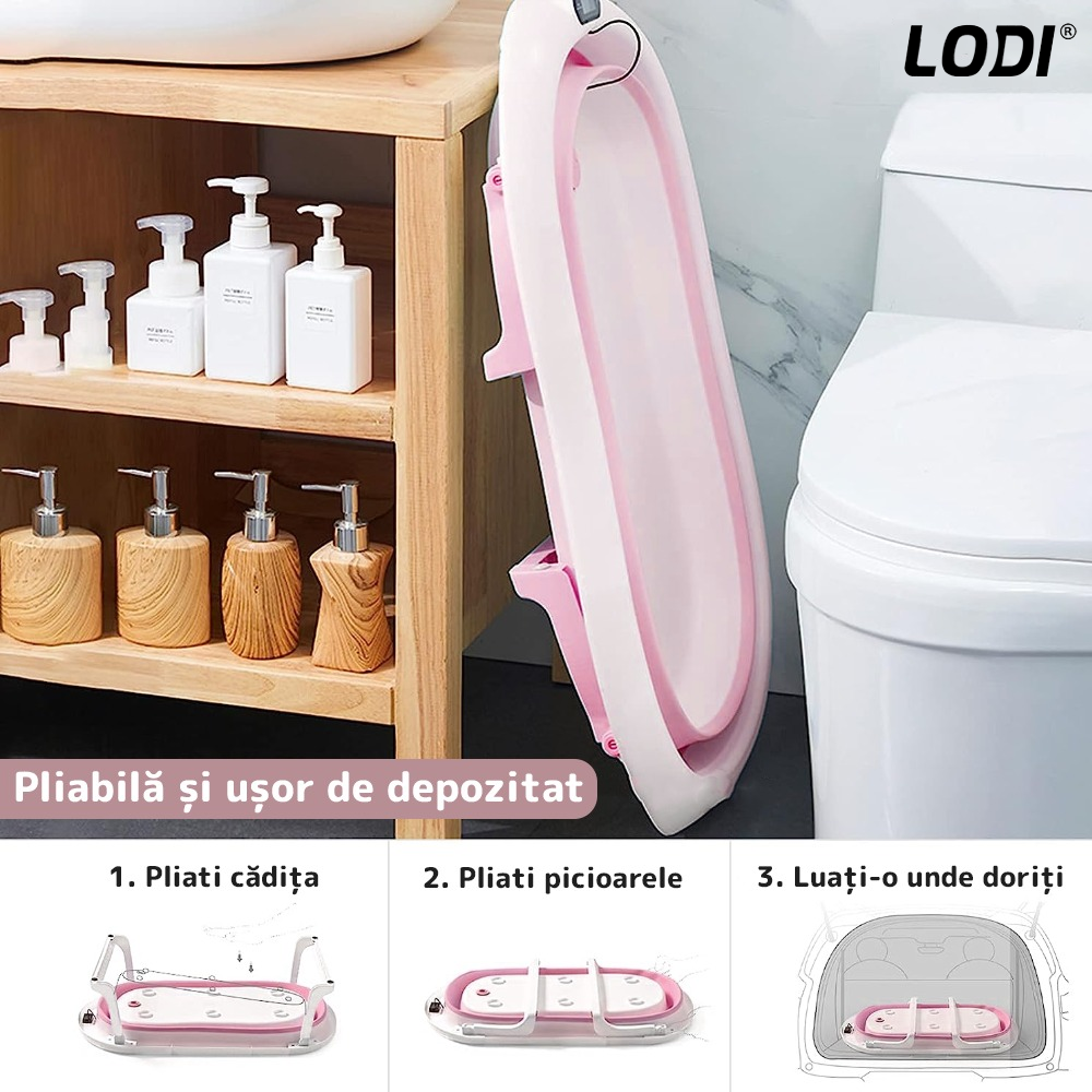Cadita cu Pernuta pentru Bebelusi Lodi1315, casca de protectie inclusa, termometru digital incorporat, pliabila, dop de scurgere, picioare anti-alunecare, design ergonomic, 75 x 45 x 22, roz