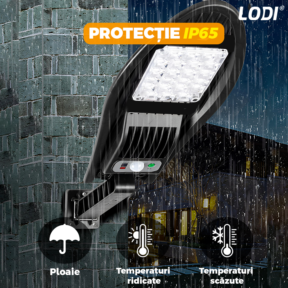 Lampa Solara Stradala 16 LED-uri Lodi869, rotunda, control prin telecomanda, senzor de miscare, 3 moduri de iluminare, protectie IP65, Waterproof, exterior, negru