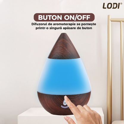 Difuzor Aromaterapie Lodi215, 7 culori LED, lumini dinamice, buton on/off, capacitate 235ml, silentios, umidifica aerul, stejar inchis