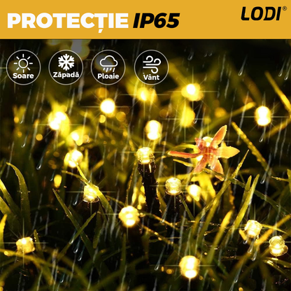 Instalatie de Craciun Liniara cu Panou Solar Lodi1458, 20 m, 8 jocuri de lumini, alimentare la priza, fir verde, interior/exterior, rezistenta la apa, 200 LED-uri, alb cald