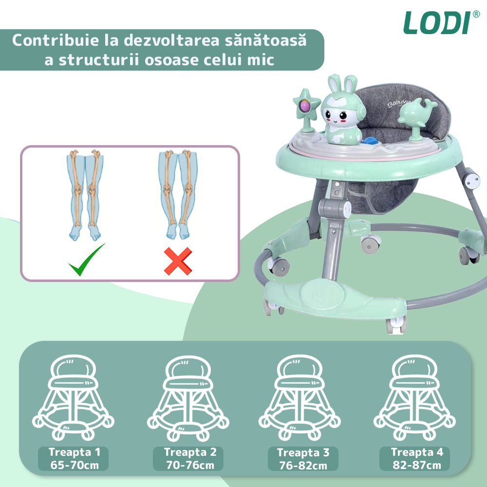 Premergator Multifunctional pentru Bebelusi Lodi638, tava cu 3 jucarii, muzica, reglabil, pliabil, greutate max 20kg, 6-36 luni, verde