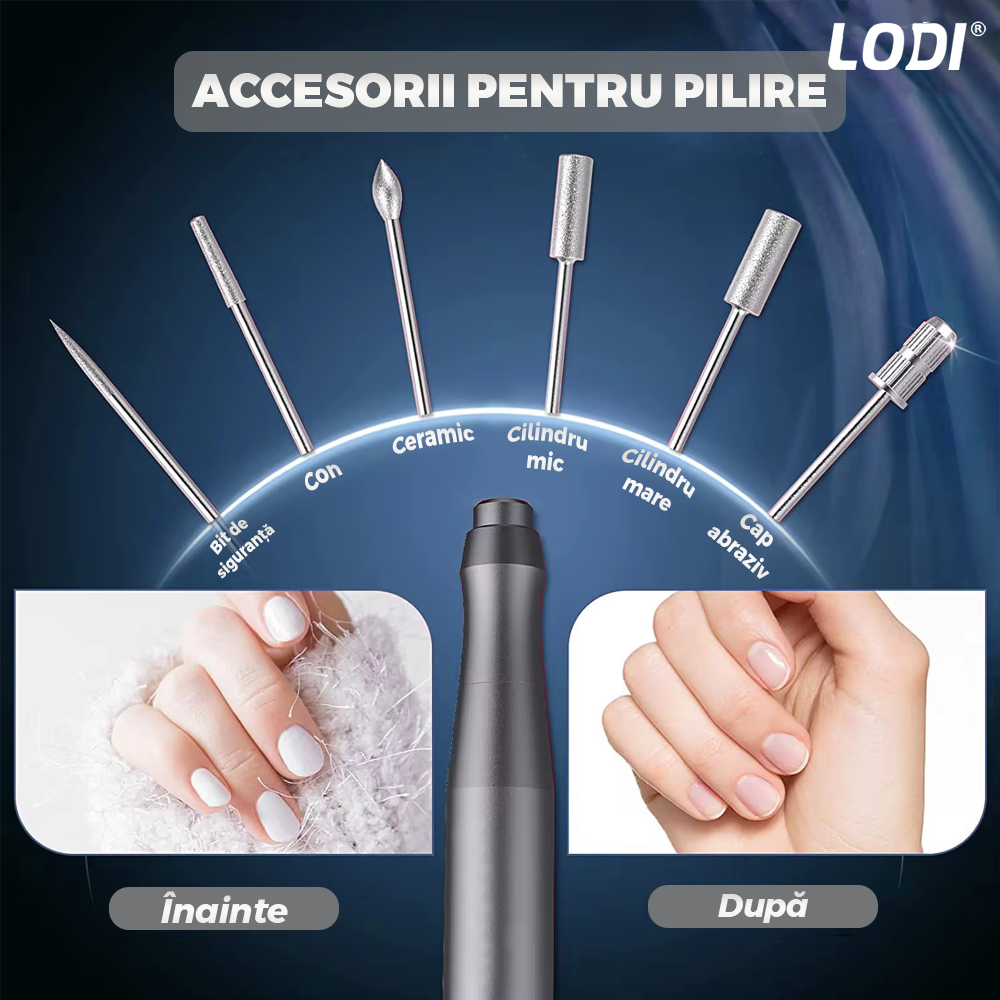 Pila Electrica Profesionala pentru Unghii Lodi1139, freza wireless, 20000 RPM, indicator LED, manichiura-pedichiura, 6 capete pentru pila, 60 benzi de slefurie, portabila, gri