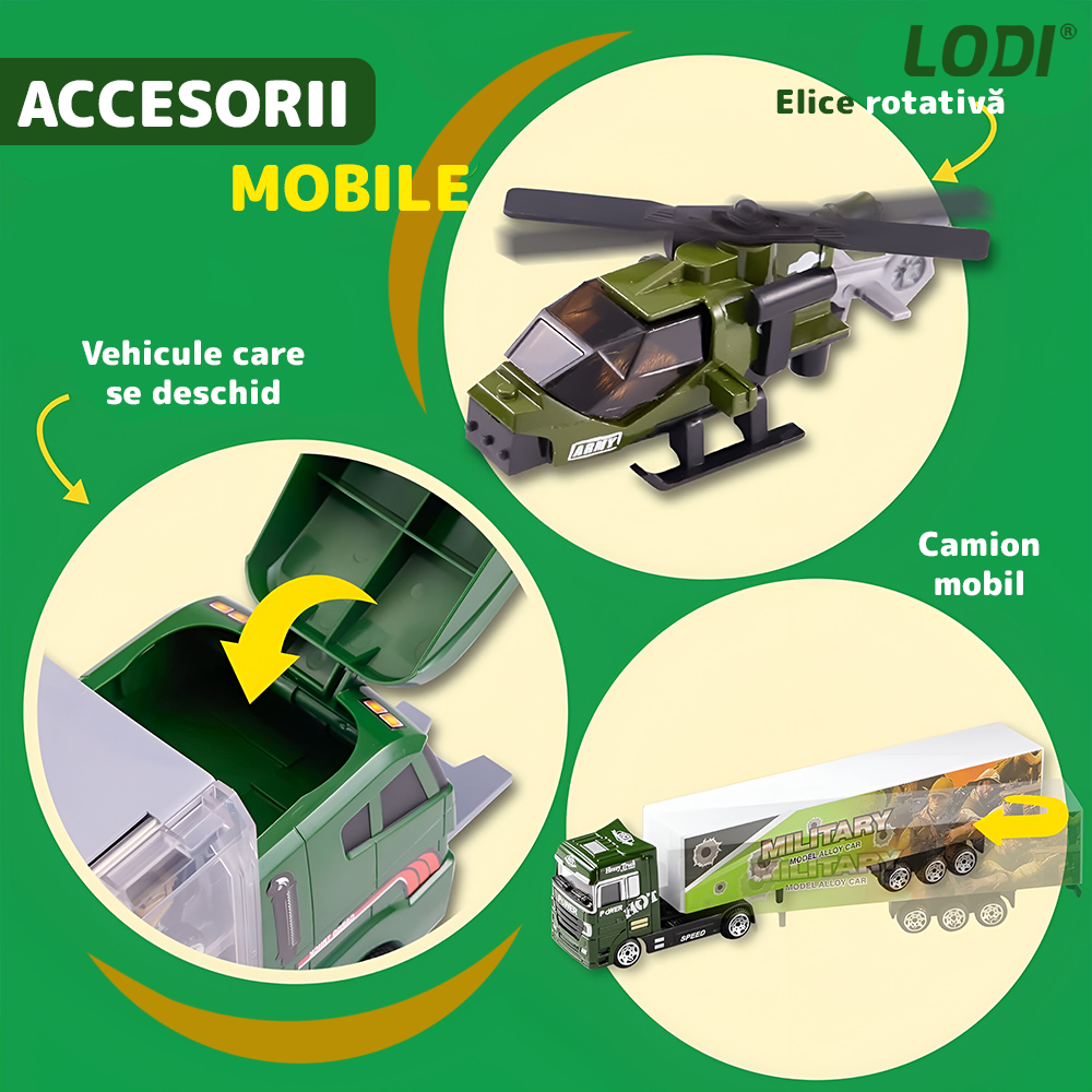 Set Camion Trailer de Jucarie pentru Transport Lodi1166, seria armata, 10 masinute incluse, jeep, tanc, tir, elicopter, accesorii mobile, lansator si rampa frontala, platforma tractare, verde