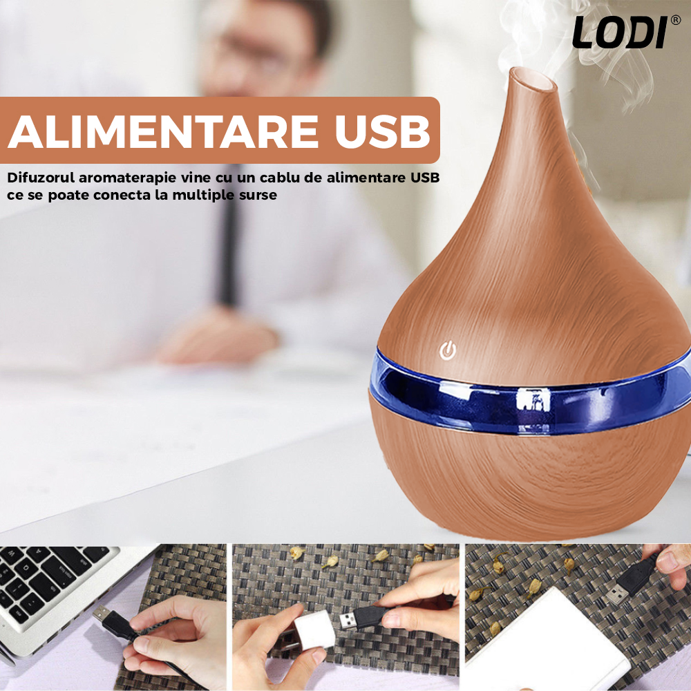Difuzor Aromaterapie Lodi1462, forma conica, lumini ambientale, control tactil, capacitate 200ml, silentios, rezerva inclusa, alimentare USB, umidifica aerul, stejar deschis