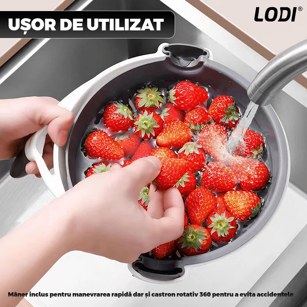 Strecuratoare 2 in 1 Lodi1453, razatoare incorporata, bol de scurgere, rotire 360°, 7 lame diferite, maner anti-alunecare, curatator de legume si fructe inclus, alb/negru