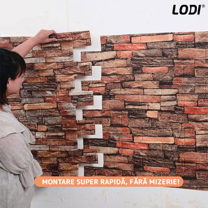 Set Tapet Caramida 3D Lodi85, Model Piatra Naturala, suprafata acoperire 5.3 mp, autoadeziv, waterproof, usor de montat, design modern, 70x77 cm, rosu