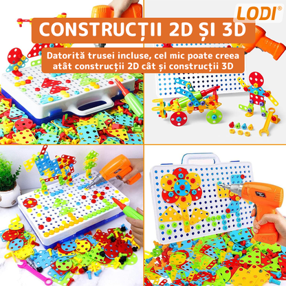 Jucarie Educativa si Interactiva 4in1 Lodi515, 237 piese, bormasina pentru inginerie, pentru fete si baieti, manual inclus, puzzle 3D/2D, montessori, dezvoltare STEM, multicolor
