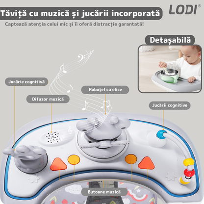 Premergator Multifunctional pentru Bebelusi Lodi637, tava cu 3 jucarii, muzica, reglabil, pliabil, greutate max 20kg, 6-36 luni, gri deschis