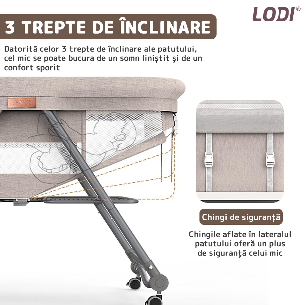 Patut Pliabil pentru Bebelusi Lodi309, 3 trepte de inclinare, sistem de blocare, plasa anti-insecte, cos depozitare, crem
