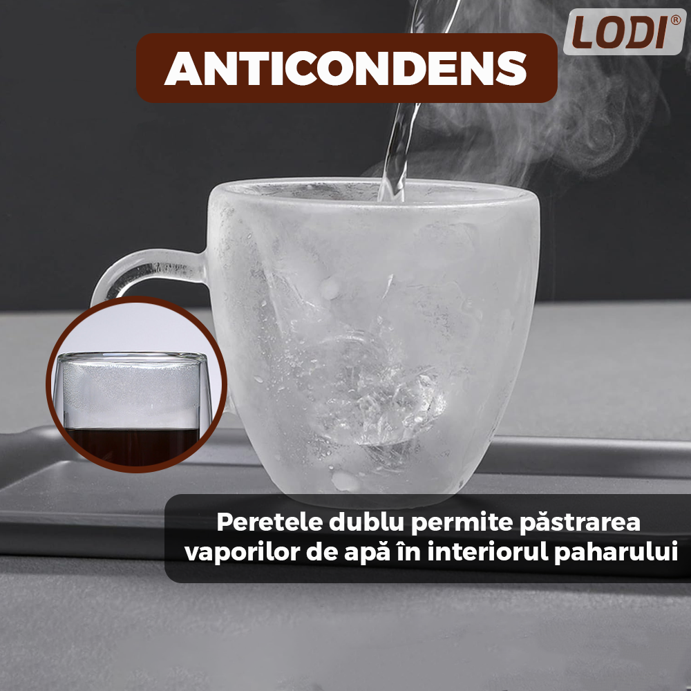 Set 2 Cani de Sticla cu Perete Dublu Lodi1002, model inimioara, design modern, termorezistente, capacitate 250 ml, 9 x 8 cm