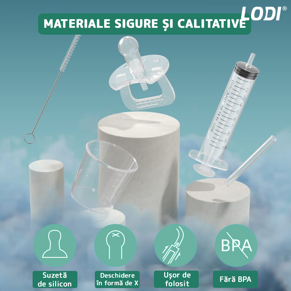 Dispenser Gradat Tip Suzeta Lodi41, administrare medicamente sugari, 6 piese, usor de folosit, 10ml, transparent