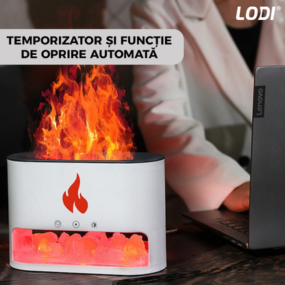 Difuzor Aromaterapie Lodi593, efect flacara, 4 culori LED, capacitate 250ml, cristale de sare de himalaya, silentios, umidifica aerul, alb