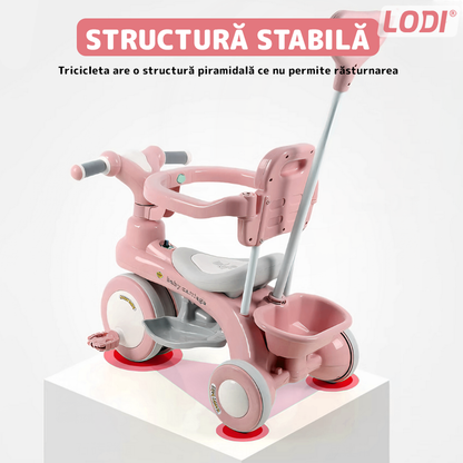 Tricicleta Multifunctionala Lodi1105, structura stabila, pedale anti-derapante, suport picioare, cosulet pe spate, spatar detasabil, parasolar, muzica incorporata, roz