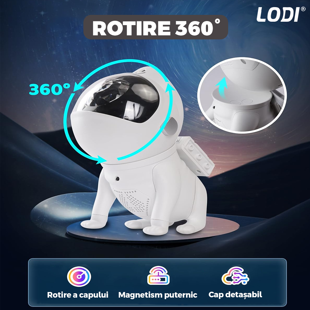 Proiector de Stele Catel Astronaut 2.0 Lodi549, lampa de veghe pentru copii, control prin aplicatie, compabil cu Alexa/Google Assistant, reglare 360, sunete albe, trepte de ajustare luminozitate, timer, 15 moduri de iluminare, speaker bluetooth, alb
