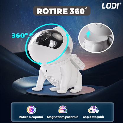 Proiector de Stele Catel Astronaut 2.0 Lodi549, lampa de veghe pentru copii, control prin aplicatie, compabil cu Alexa/Google Assistant, reglare 360, sunete albe, trepte de ajustare luminozitate, timer, 15 moduri de iluminare, speaker bluetooth, alb