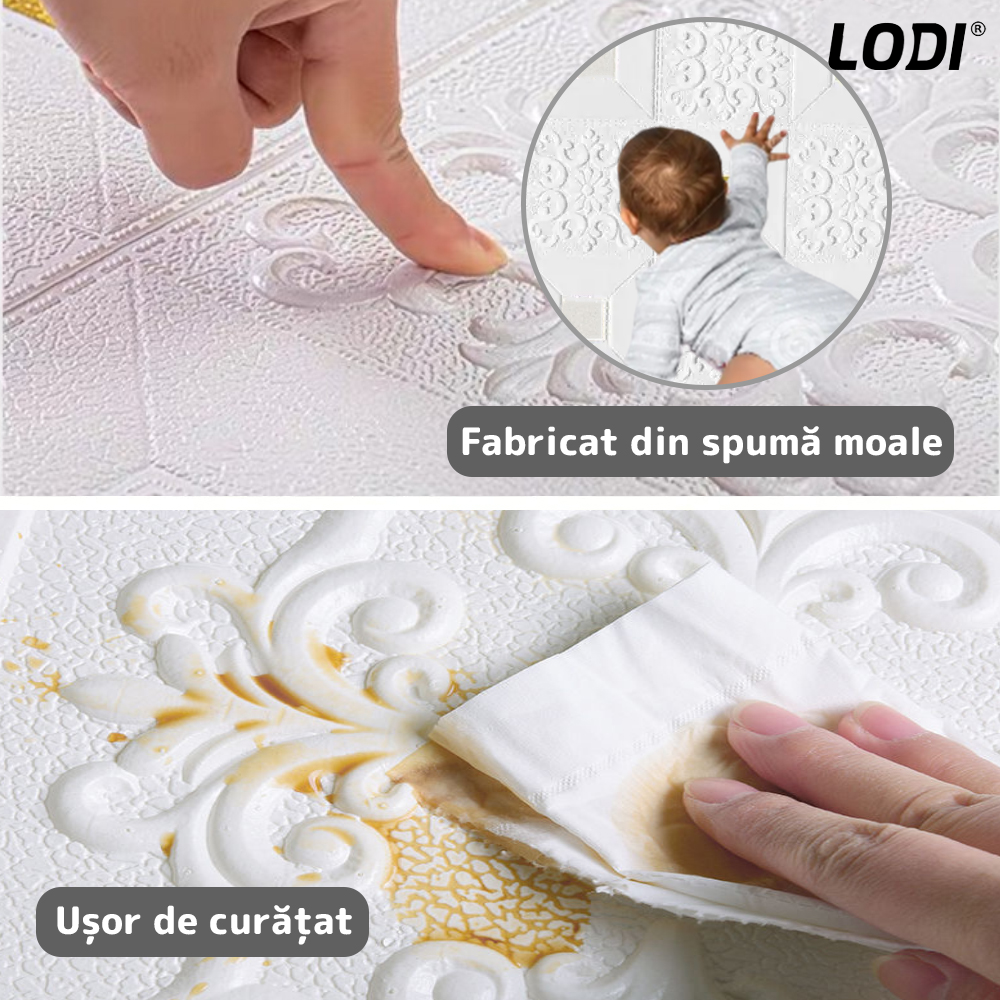 Set Tapet Mic 3D Lodi108, suprafata acoperire 3.06 mp, autoadeziv, perete/tavan, waterproof, usor de montat, design modern, 35x35 cm, alb