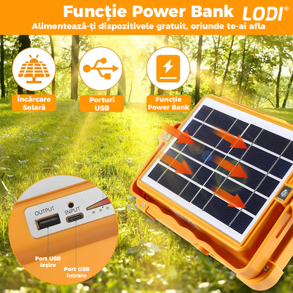 Lampa Solara 216 LED-uri Lodi267, 4 moduri de iluminare, protectie IP66, lumini de urgenta, power bank, portabila, Waterproof, exterior, portocaliu