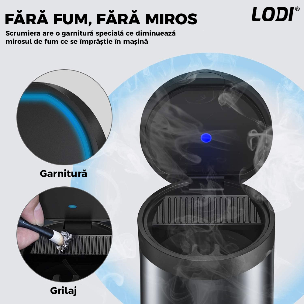 Scrumiera Auto Mini Car Ashtray Lodi112, indicator LED, deschidere inteligenta, interior metal, 3 compartimente detasabile, design elegant, negru