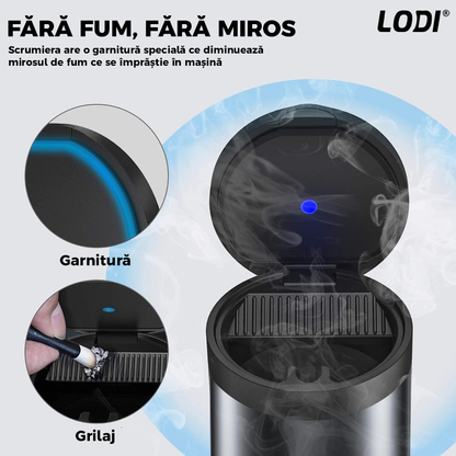 Scrumiera Auto Mini Car Ashtray Lodi112, indicator LED, deschidere inteligenta, interior metal, 3 compartimente detasabile, design elegant, negru