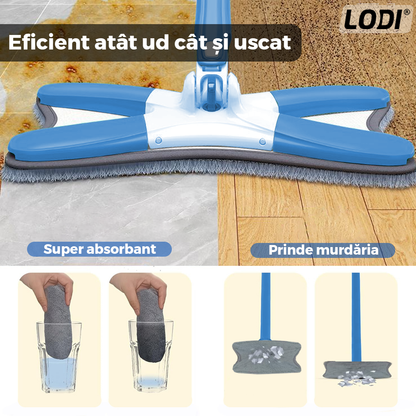Mop cu Cap in Forma de X Lodi554, rotire 360 grade, telescopic, curatare usoara, 4 lavete incluse, 123 cm, albastru deschis
