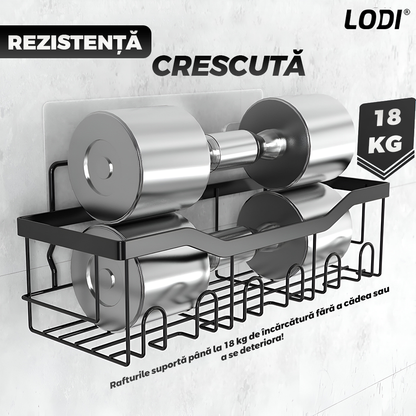 Set 5 Rafturi pentru Dus Lodi1264, depozitare si organizare, baie/bucatarie, otel inoxidabil, montare adeziva, rezistenta ridicata, cuiere incorporate, suporturi inalte, negru