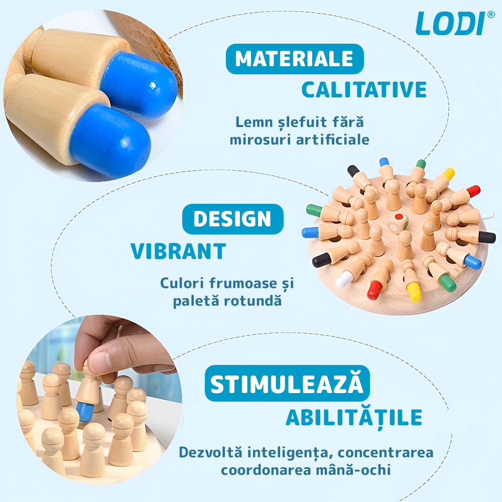 Joc de Memorie tip Sah Lodi1198, pentru copii, tabla de lemn rotunda, piese colorate, dezvolta abilitatile de memorare si inteligenta, zar inclus, multicolor