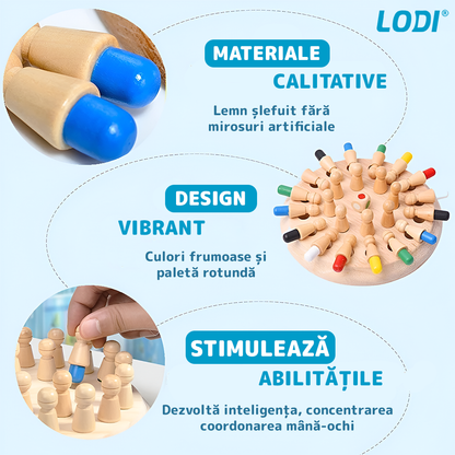 Joc de Memorie tip Sah Lodi1198, pentru copii, tabla de lemn rotunda, piese colorate, dezvolta abilitatile de memorare si inteligenta, zar inclus, multicolor