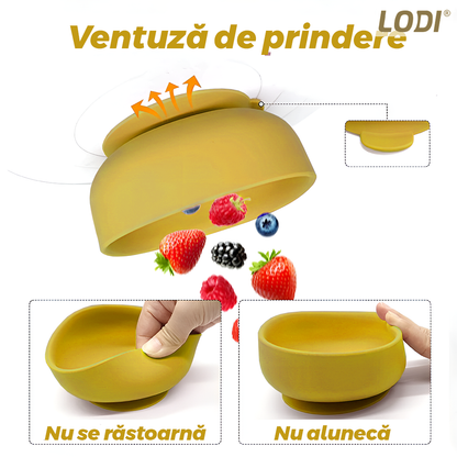 Set Hranire Bebeulsi Lodi1009, 6 piese, termorezistente, silicon, fara BPA, pliabile, usor de curatat, galben ocru