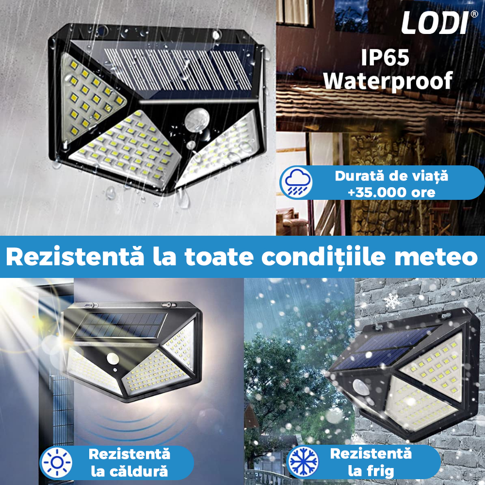 Lampa Solara 100 LED-uri Lodi63, senzor de miscare, 3 moduri de iluminare, protectie IP65, Waterproof, exterior, negru