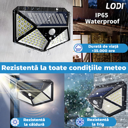 Lampa Solara 100 LED-uri Lodi63, senzor de miscare, 3 moduri de iluminare, protectie IP65, Waterproof, exterior, negru