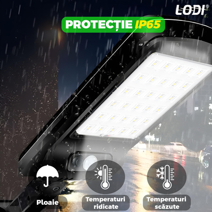 Lampa Solara Stradala 30 LED-uri Lodi878, control prin telecomanda, senzor de miscare, 3 moduri de iluminare, protectie IP65, Waterproof, exterior, negru