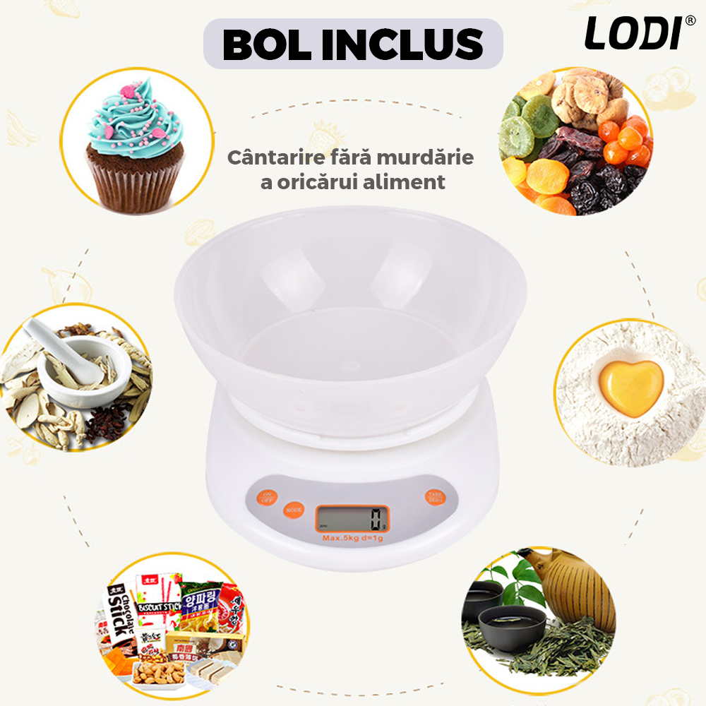 Cantar Electronic de Bucatarie Lodi646, bol inclus, capacitate maxima 5 kg, acuratete 1 g, afisaj digital, resetare la pornire, 3 unitati de masura, functionare cu baterii 2 x AA, alb