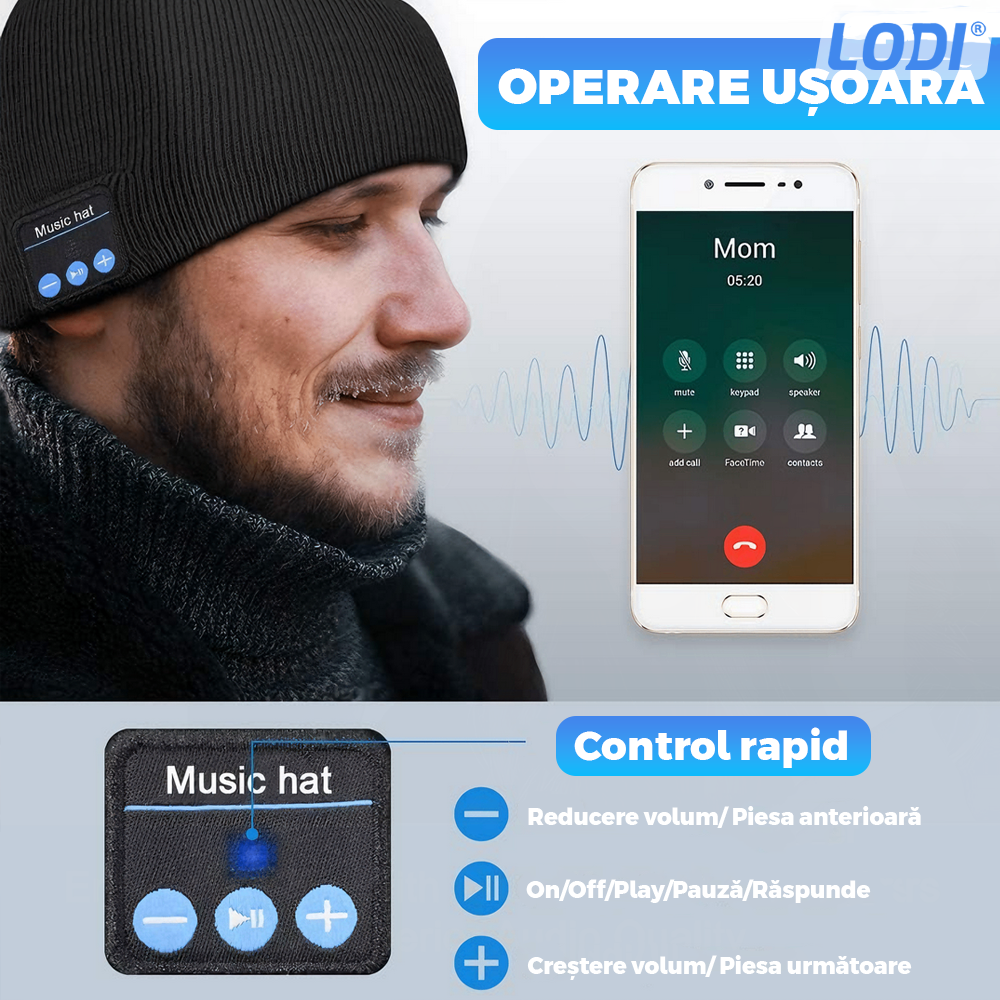 Caciula Bluetooth Unisex Lodi1492, hands-free, microfon, difuzoare stereo incorporate, sistem audio detasabil, curatare usoara, comoda, pentru alergare/drumetii, negru