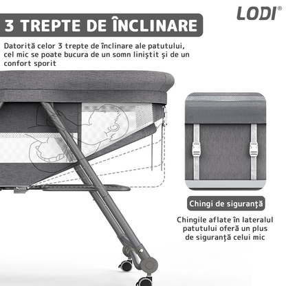 Patut Pliabil pentru Bebelusi Lodi1069, 3 trepte de inclinare, sistem de blocare, plasa anti-insecte, cos depozitare, gri
